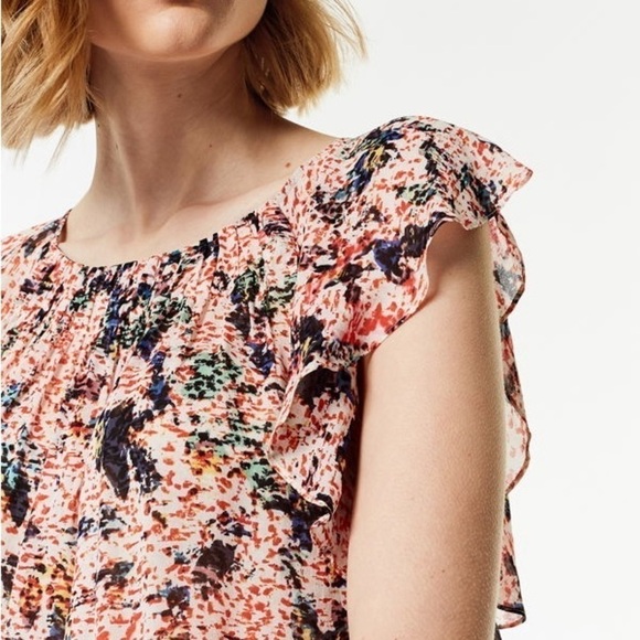 NWT Karen Millen Women’s 2 Pop-up Ruffles Georgette Top Watercolor Floral Print - Picture 2 of 8